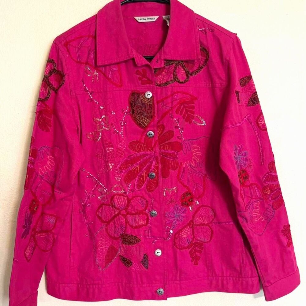 VINTAGE Y2K Laura Ashley Hot Pink Maximalist Embroidered Denim Jacket